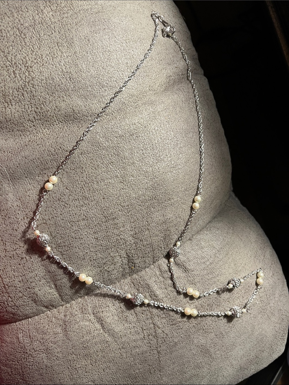 Silver Pearl and Crystal Station Necklace - White 1553